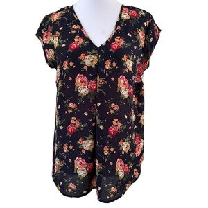 DR2 Women’s V-Neck Cap Sleeves Floral Black Blouse Size S